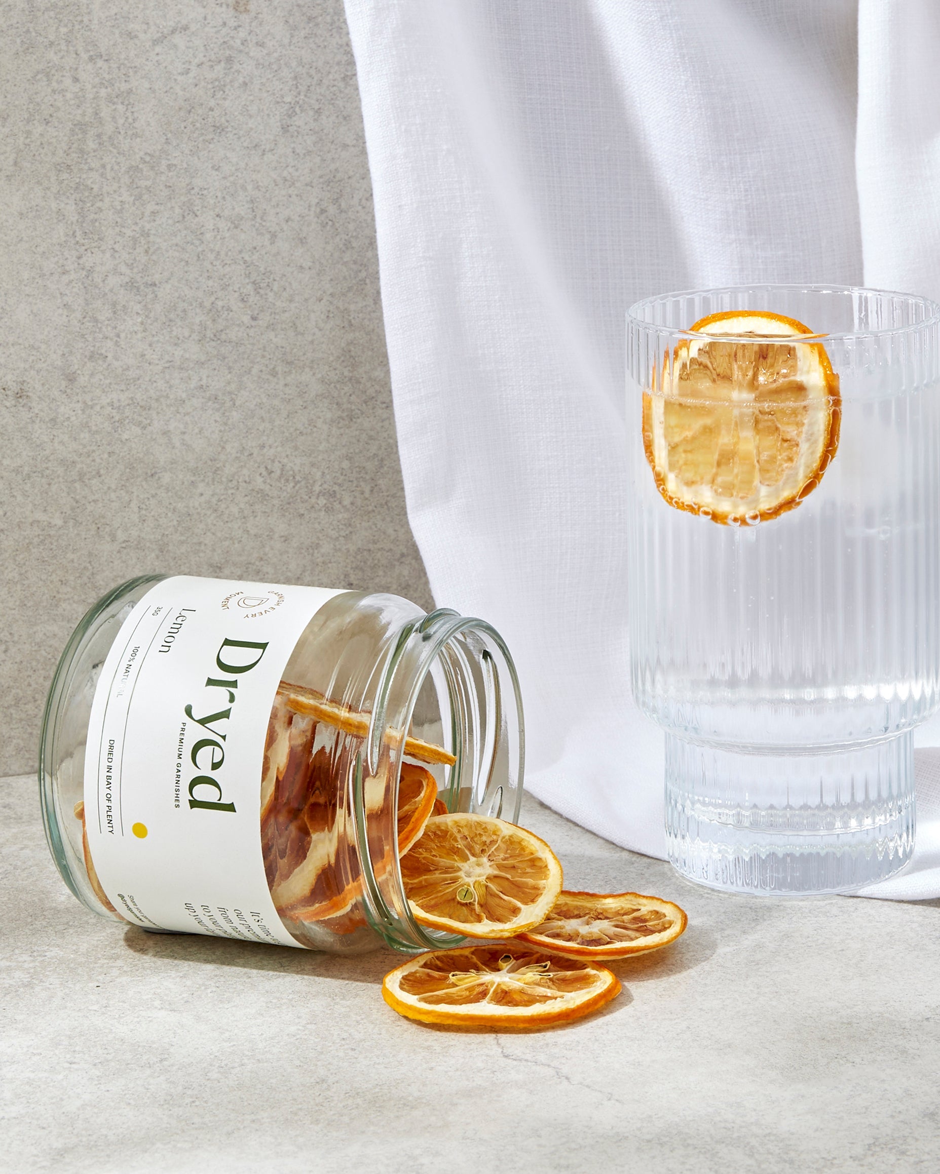 100% natural dehydrated lemon garnish for cocktails, drinks and platters.